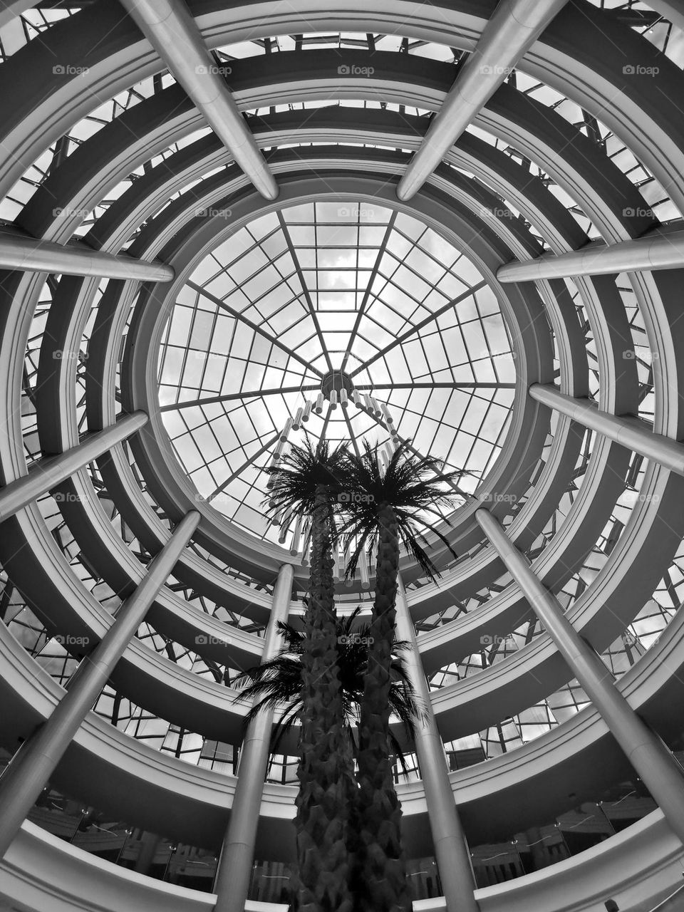 Unique architecture. (Look up.) 
Black and white photography.
