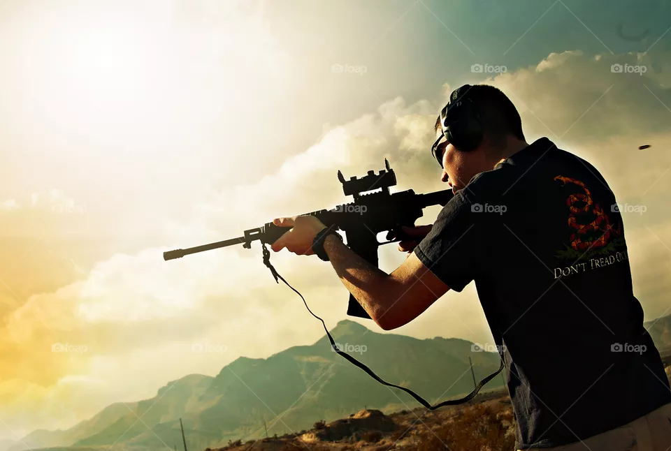 Sunset, Gun, Man, People, Weapon