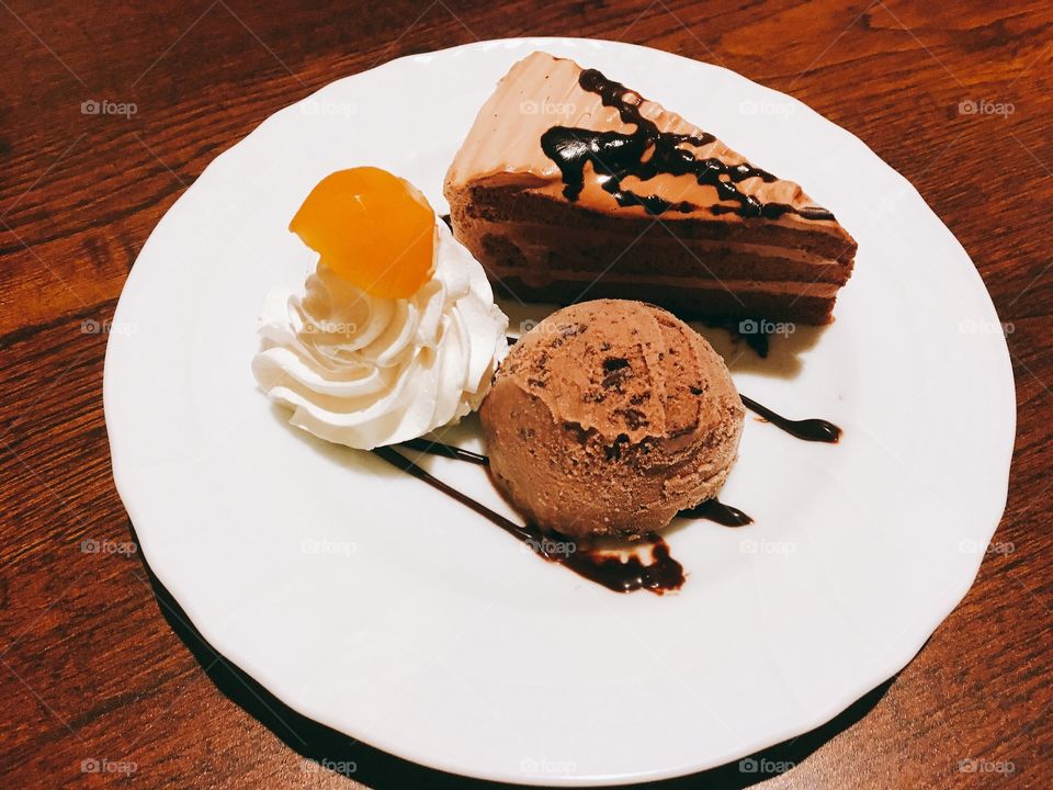 Chocolate cake and ice cream. 