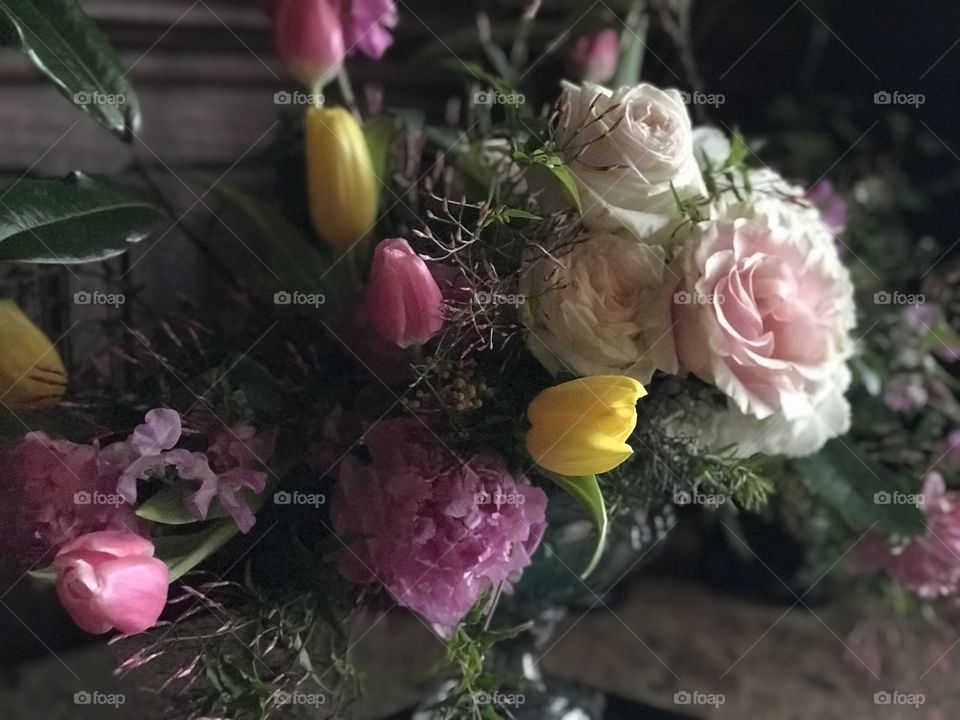 Bouquet of fresh cut roses in soft afternoon light