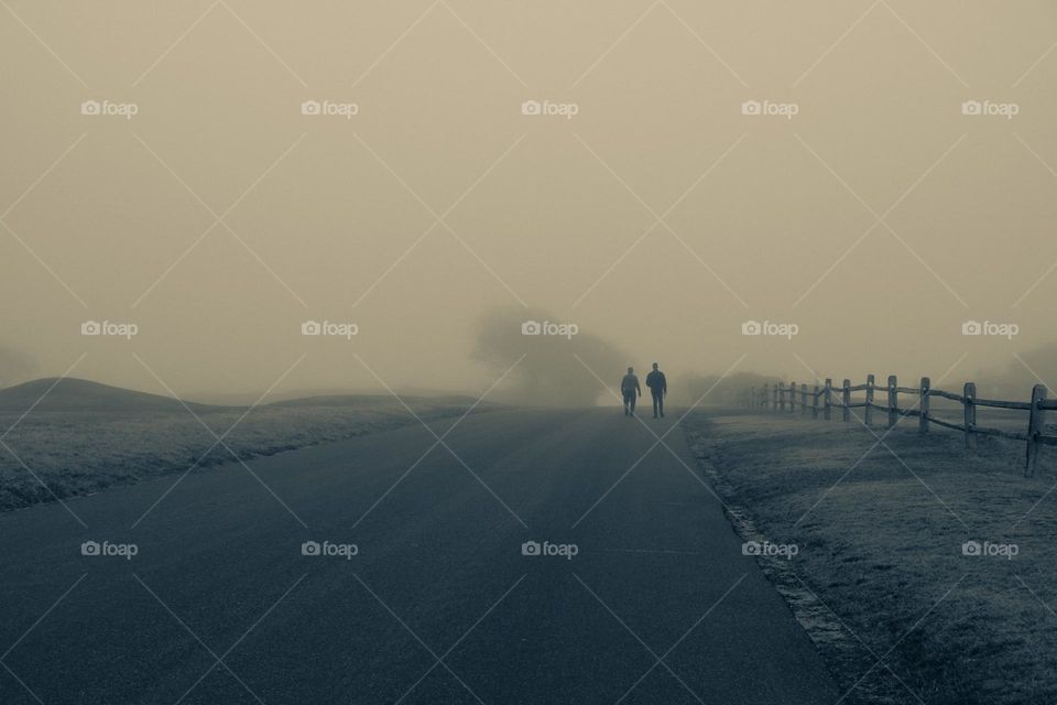 Brothers walking into the fog, brothers talking to one another while walking, walking down the road together, brothers walking into the mist, brothers in New York, black and white brothers image 