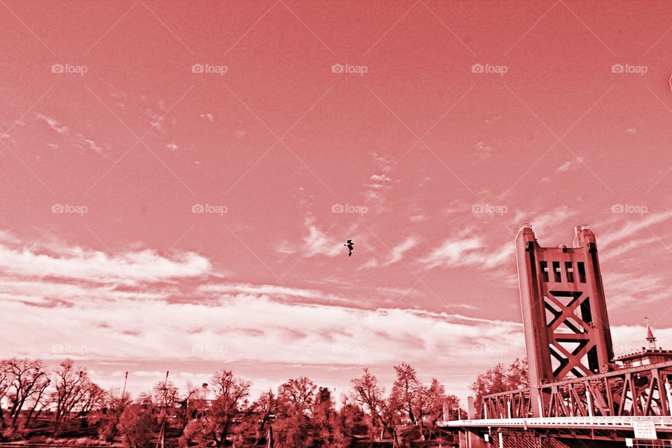 looking through a red filter of a beautiful day in downtown Sacramento California along the riverfront.