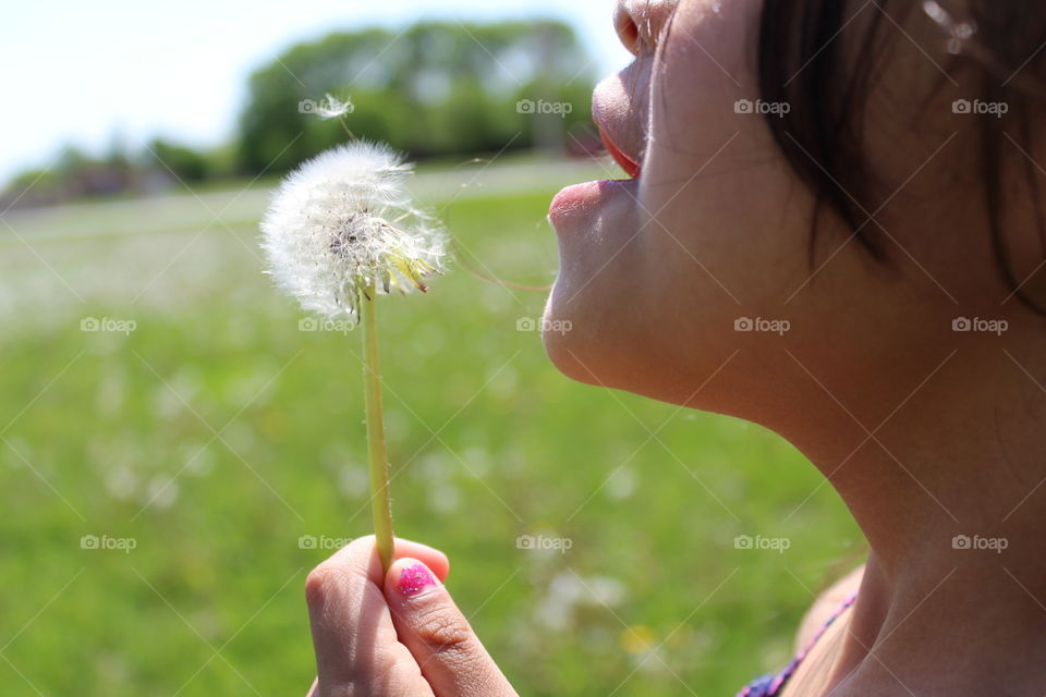 Little girl making a wish with a dandelion in a sunny spring day