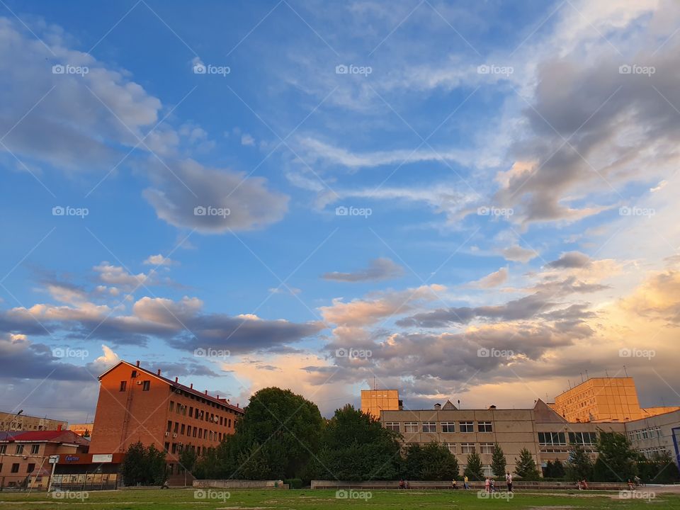 beautiful buildings in the evening on a stadium