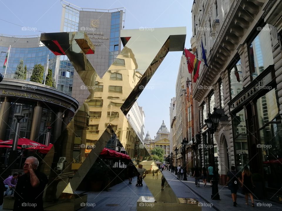 Vertical reflection, main shopping street, Budapest