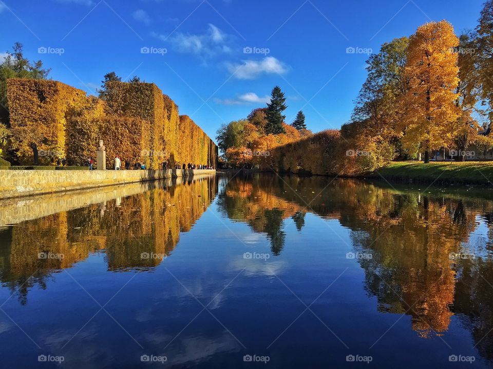 Autumn trees and blue sky reflected on lake