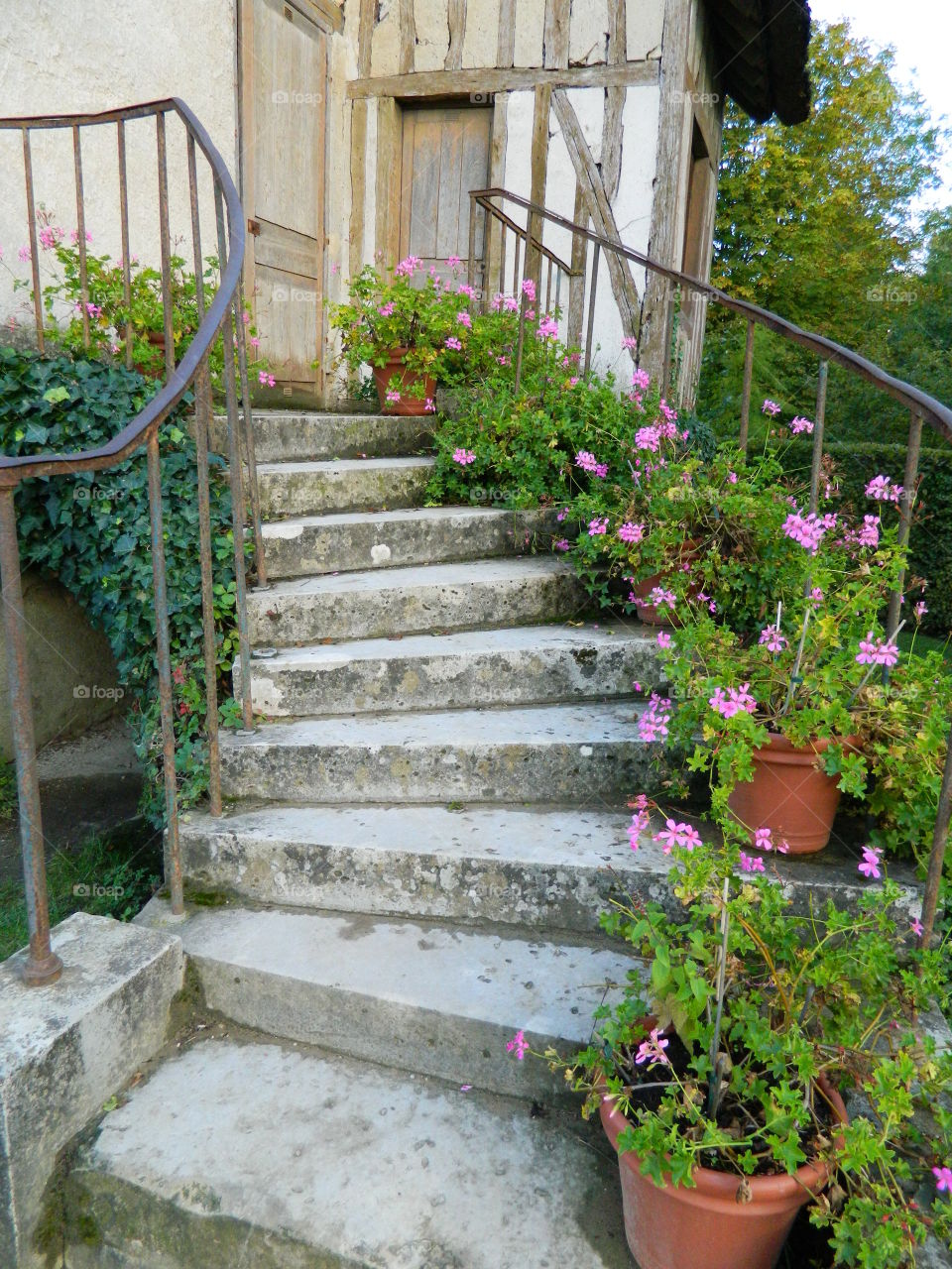 Flowers on the cottage steps. This is one of several cottages in the Marie Antoinette Village in Versailles, France.