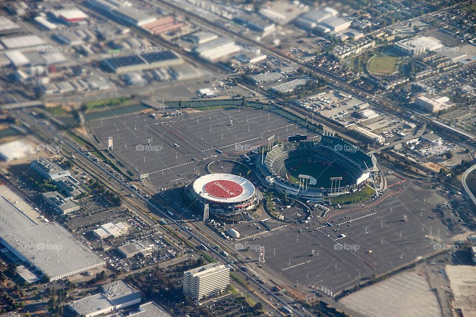 Cityscape, stadium, aerial view 