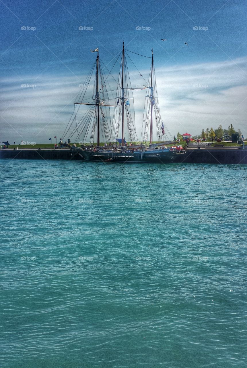 Schooner in Harbor. Tall Ship