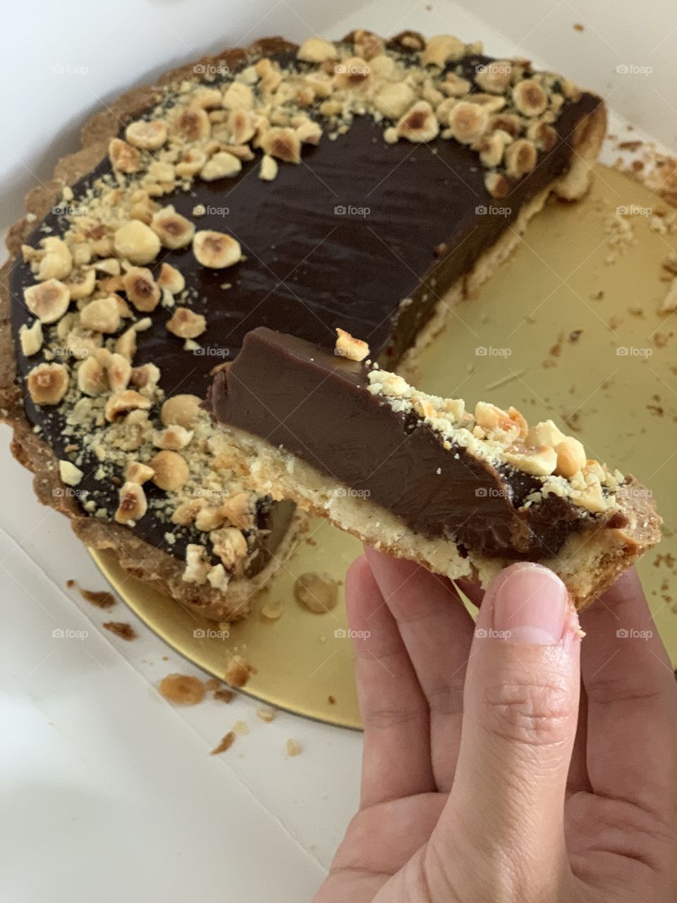 Hazelnut Nutella chocolate tart sliced up  