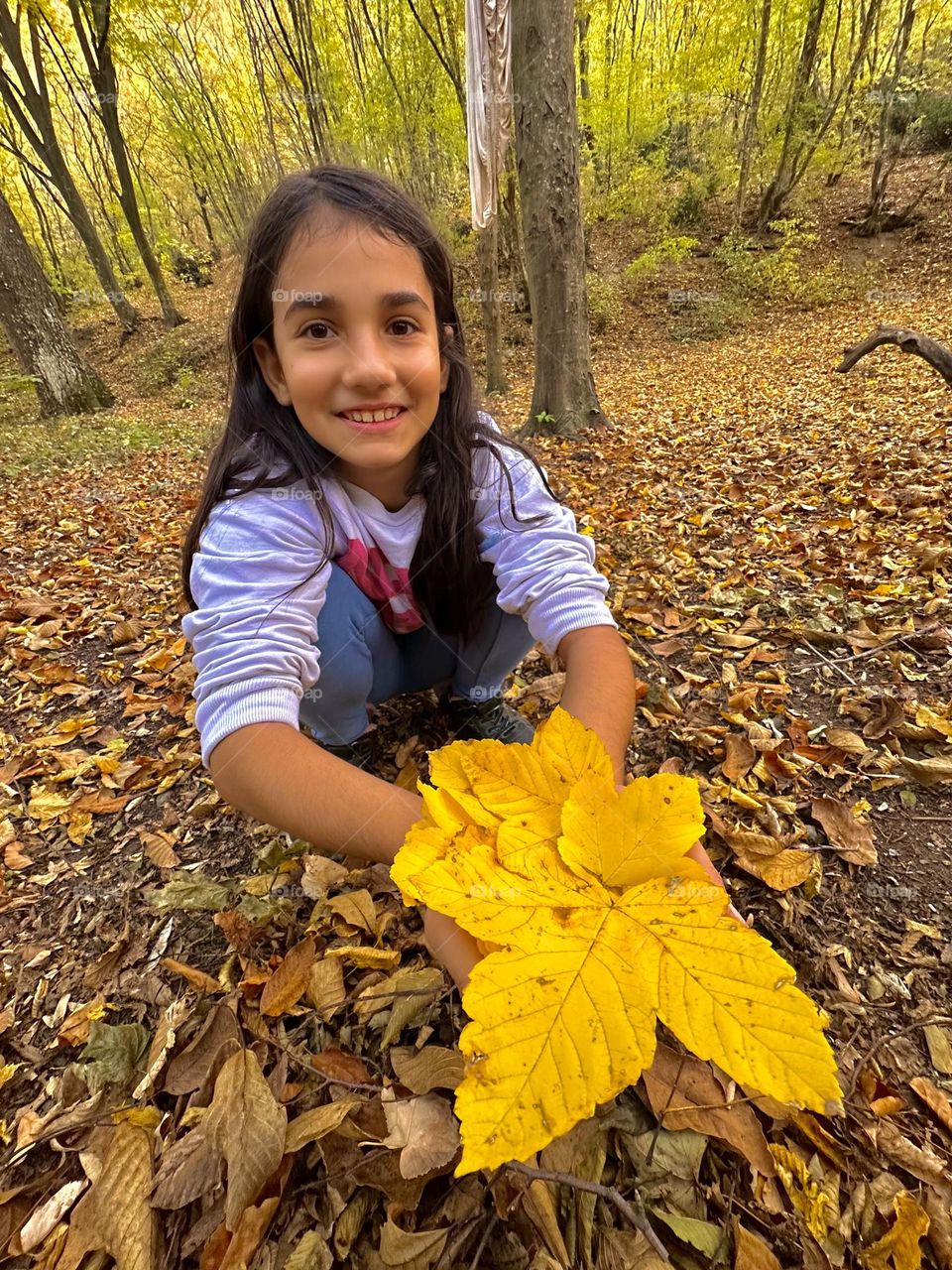 a little girl is playing with autumn leaves