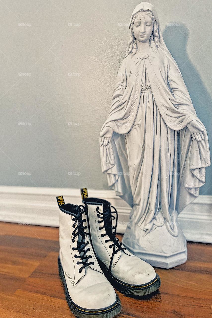 Mary mother of God statue with Docs, Doc Marten boots with religious statue, godly boots, boots sent from heaven, photo shoot with Mary, Mary and Dr. Martens, playing around with Docs