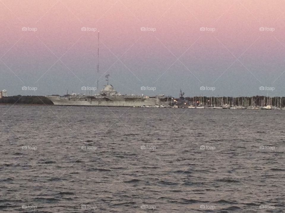 View of USS Yorktown aircraft carrier at sunset. Charleston, SC. 