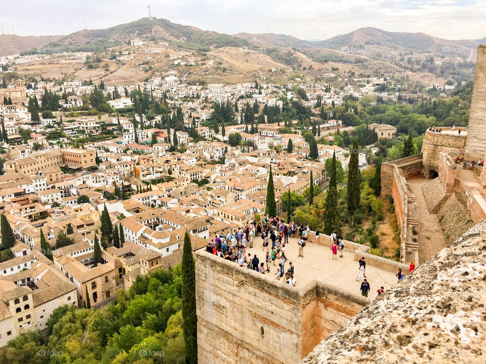 View over Granada and it’s terracotta rooftops from tower at the Alhambra in Spain