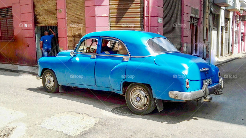 Typical Cuban old blue car 