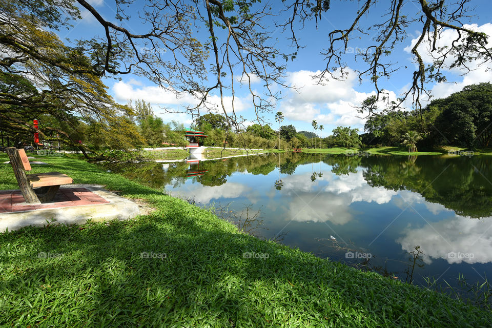 Beautiful reflections at Lake Garden with nice blue sky background