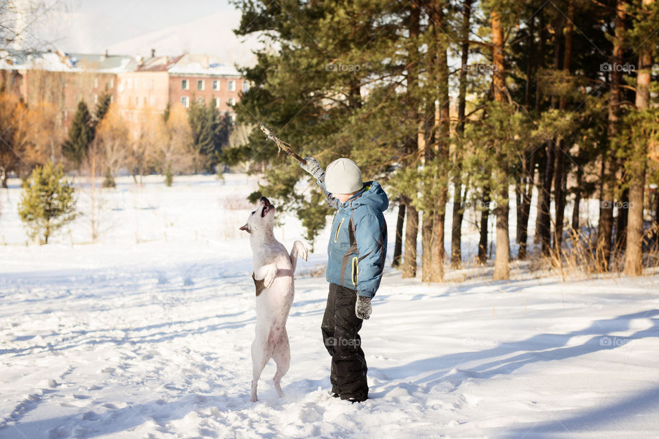 Boy playing with dog in winter season