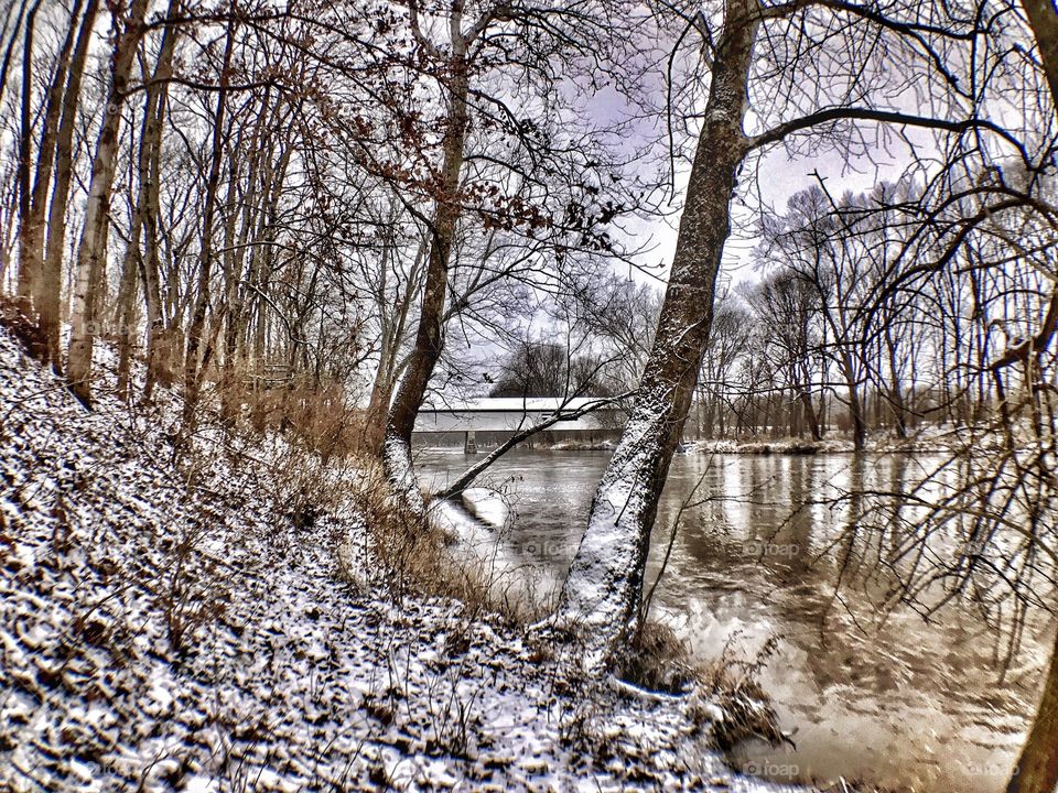 Snow down by the river. 