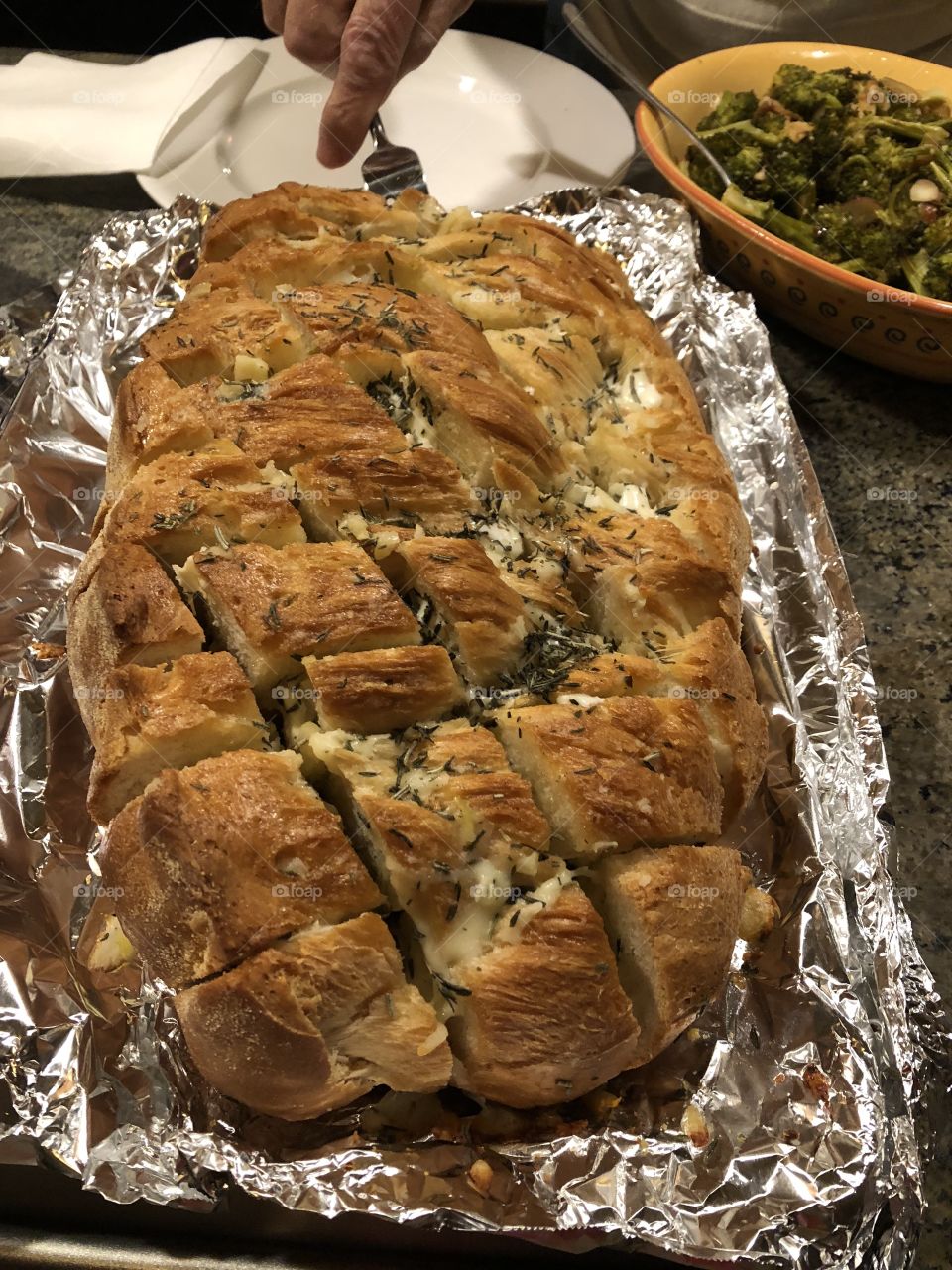 Homemade fresh baked cheese bread for the holiday Christmas dinner. Supper time. 