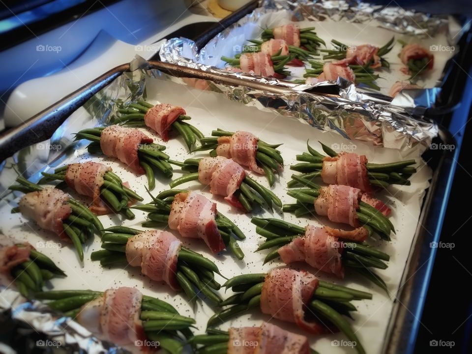 Bacon Wrapped Green Beans in the Pan Waiting to be Cooked