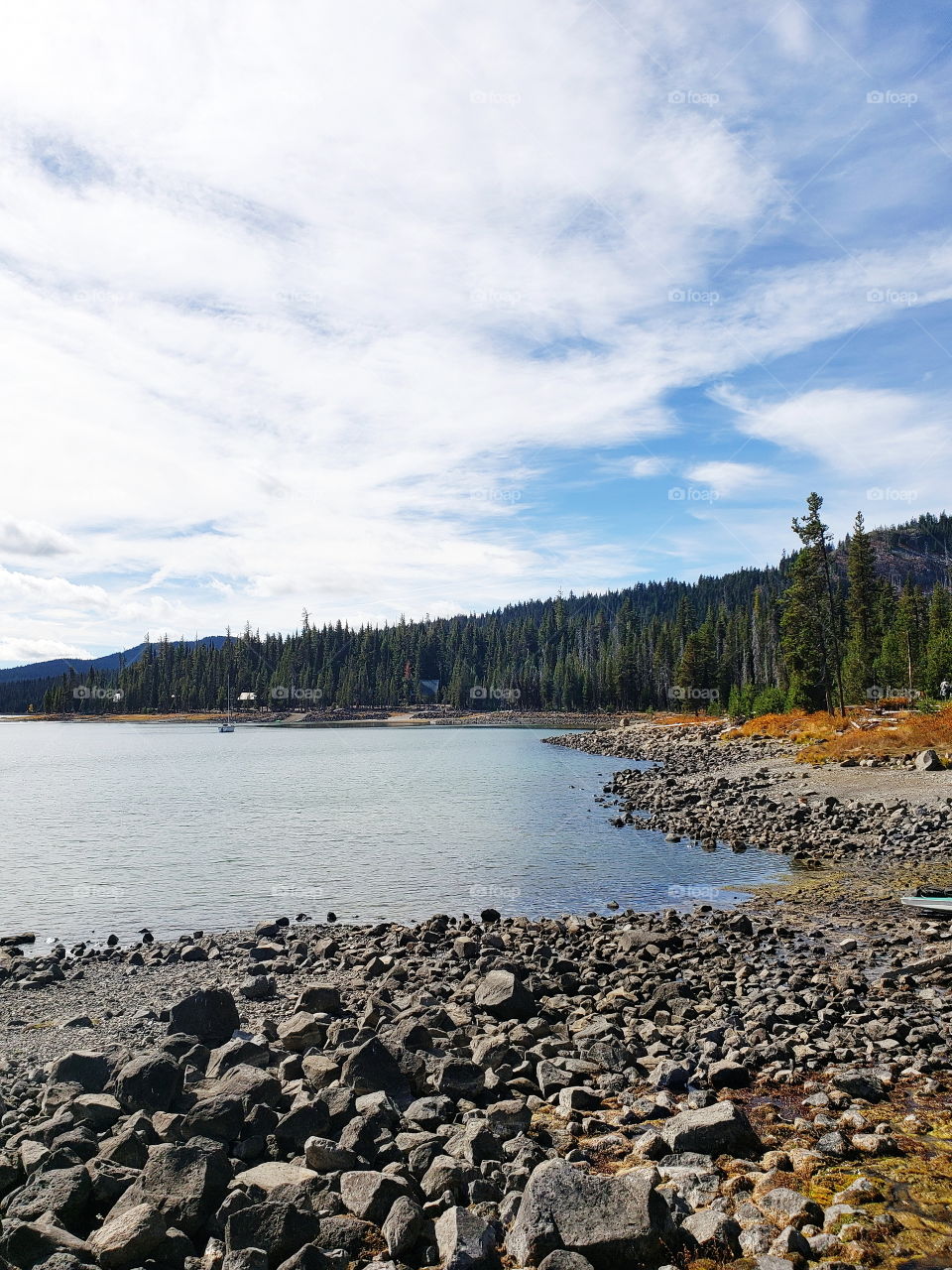 Brilliant fall colors of a landscape on the shores of Elk Lake in Oregon’s Cascade Mountains