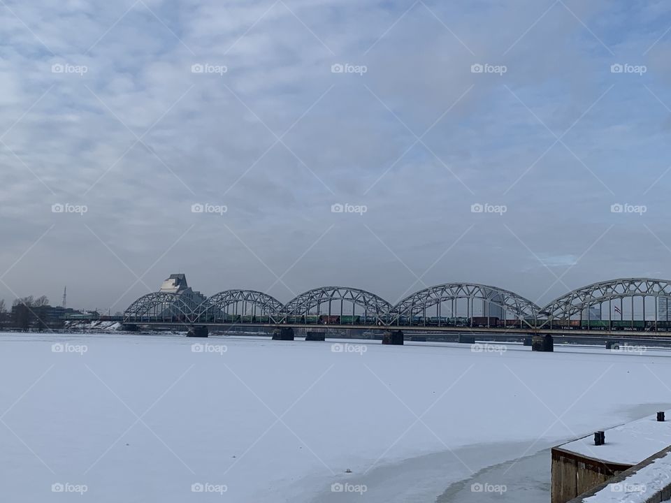 Frozen Daugava River in Riga, Latvia. 