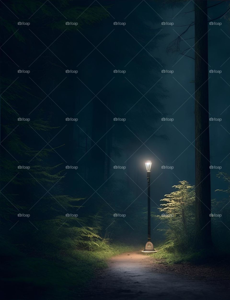 a street light in the middle of a mysterious forest, Very Old and mysterious park