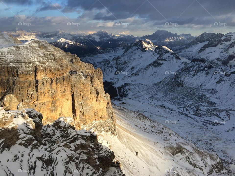 Scenic view from the top of the mountain - Dolomites mountain. 