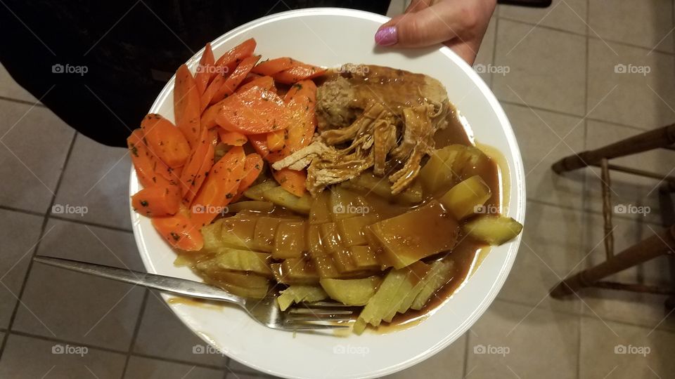 gravy covered pork, with chopped potatoes and lightly seasoned carrots