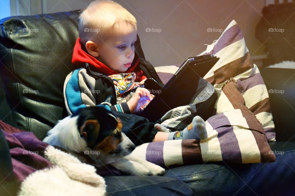 Boy and a dog. Boy playing on the ipad 