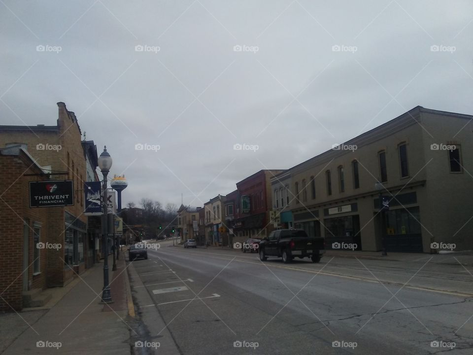 Downtown on West Montello Street in Montello, Wisconsin on a cloudy seasonally cold February day.