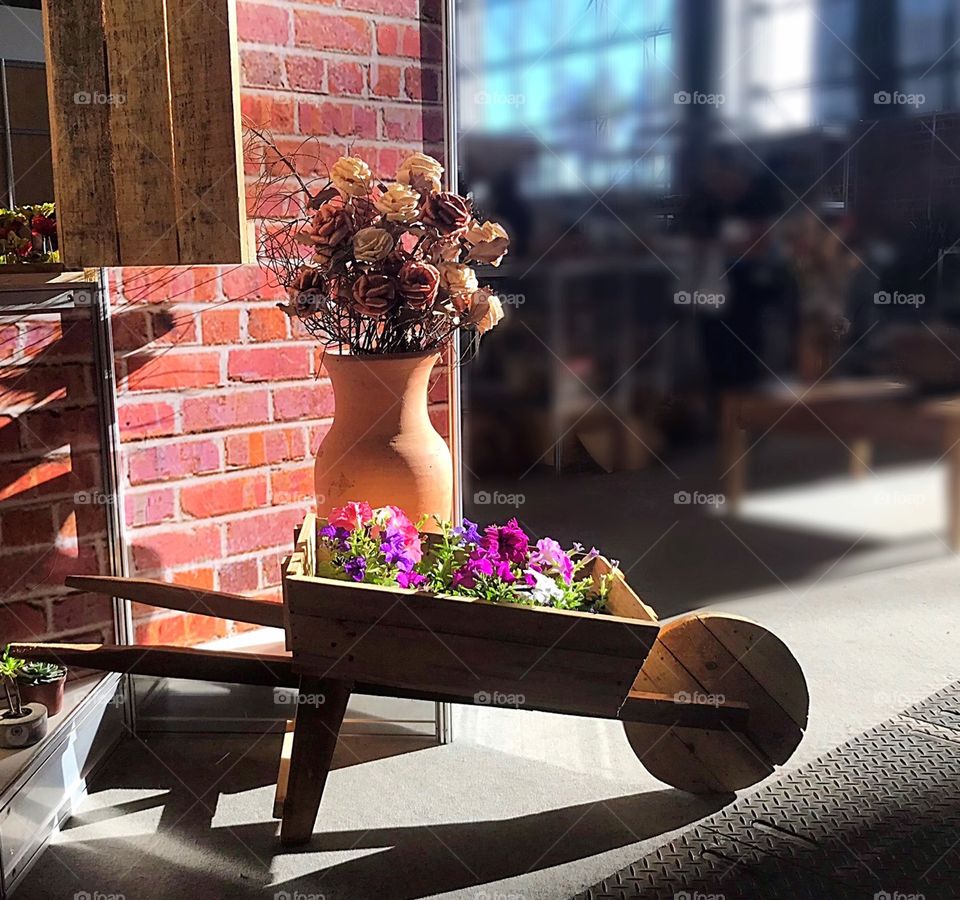 Colored Petunias in wooden hand cart and clay jug with dried handmade flowers.