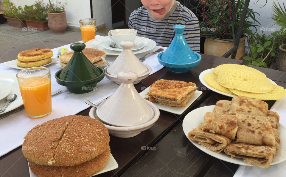 Spread of traditional Moroccan breakfast food