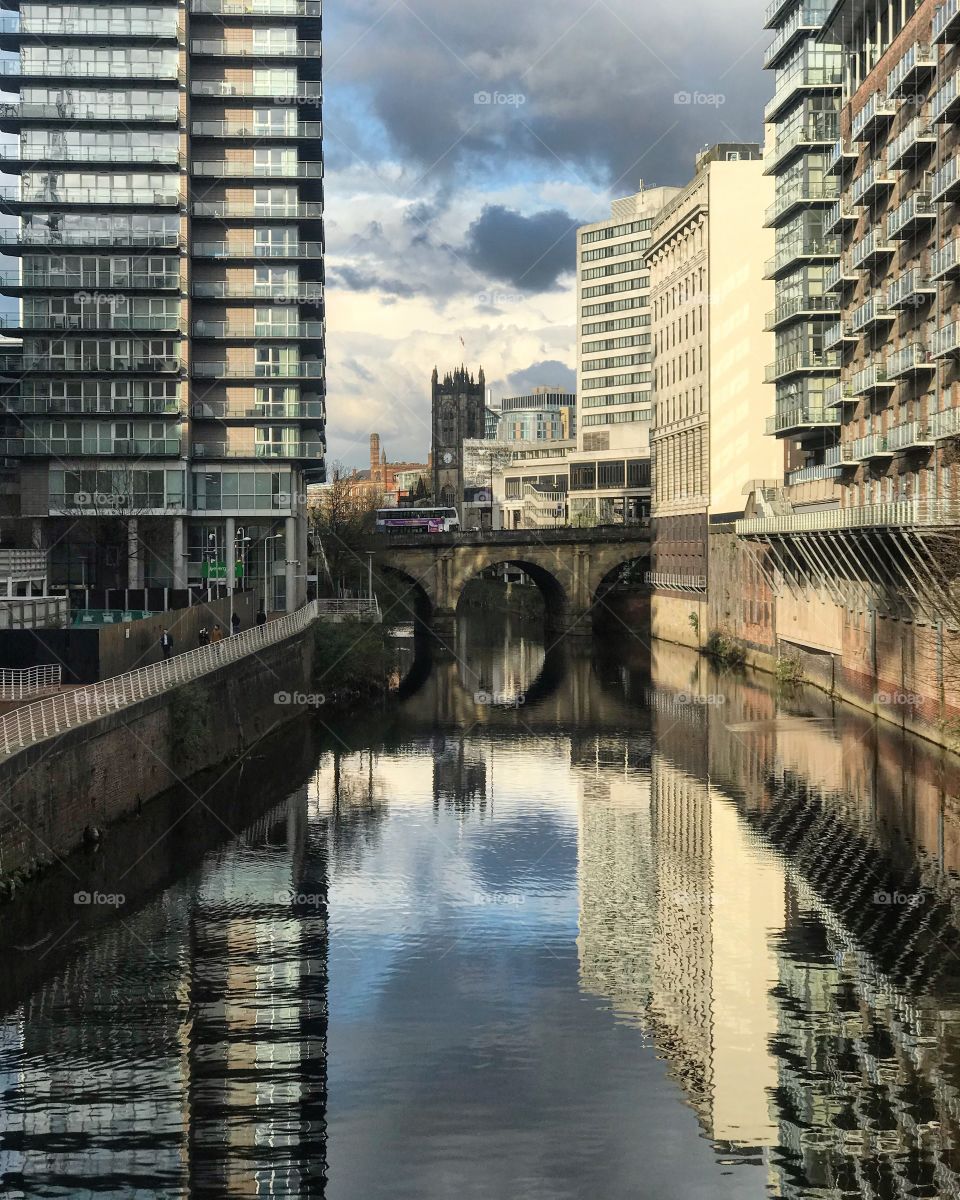 Captured in Manchester, this show the reflection of the nearby buildings in water. 