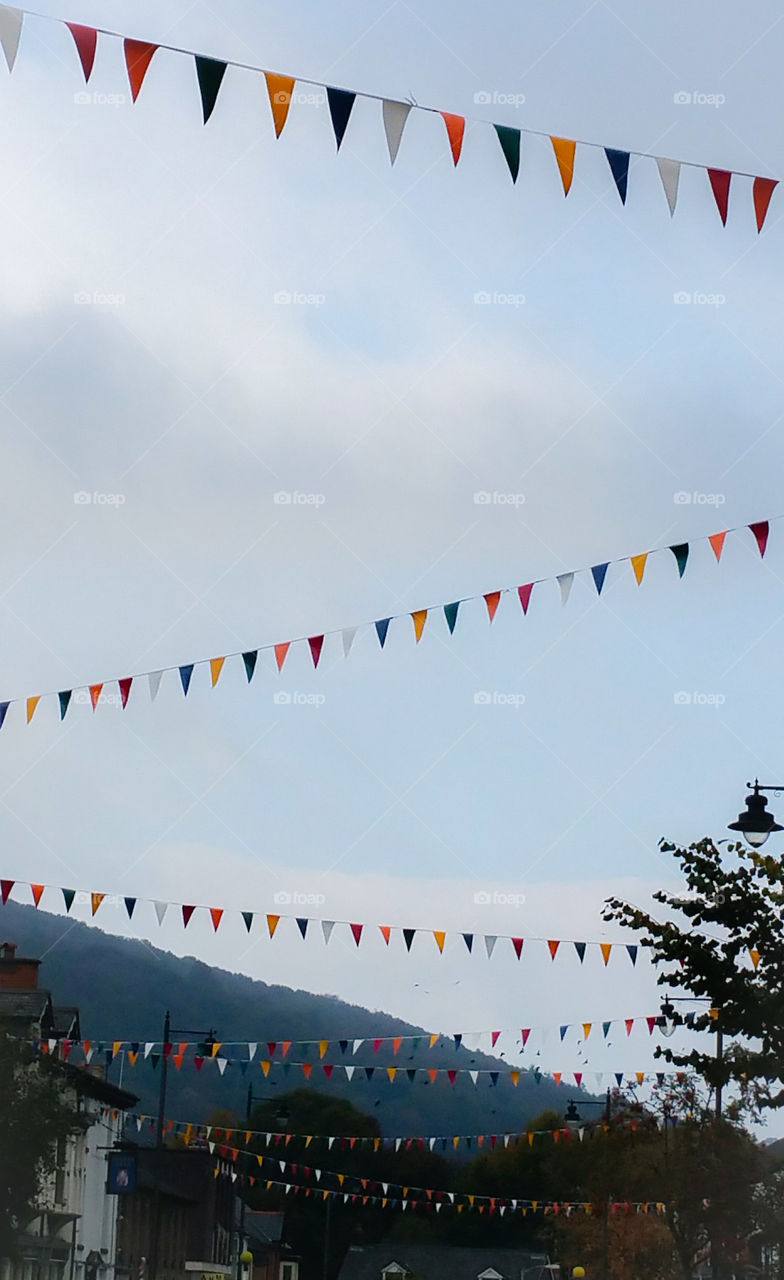 Colorful flags in Llanidloes, Wales