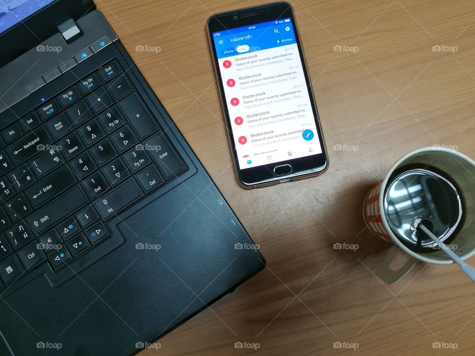 telephone coffee computer at work today