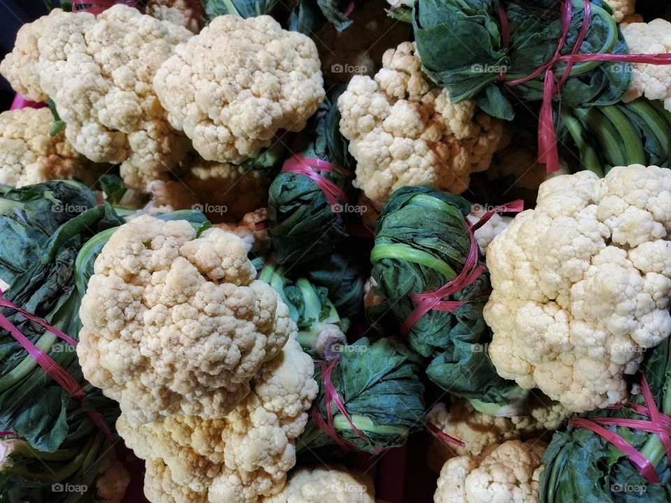 fresh cauliflower with leaves tied