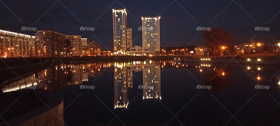 beautiful night light street view, windows magic light, cityscape