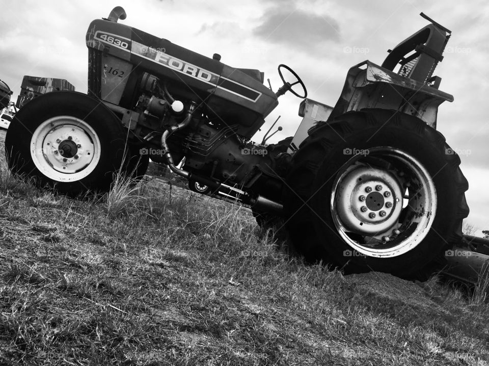 Old Ford tractor in Florida in black and white 