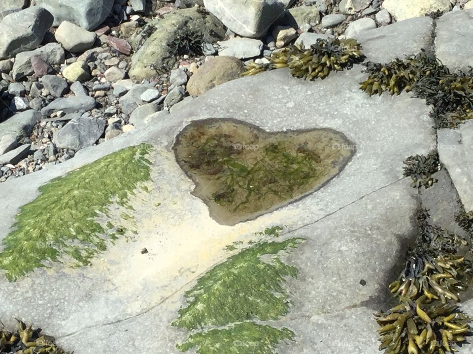 Amazing natural heart shaped rock hole formation on the shore, filled with water. 