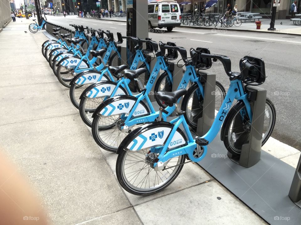 Blue bikes. Long line of Blue bike rentals in Chicago, Il. USA