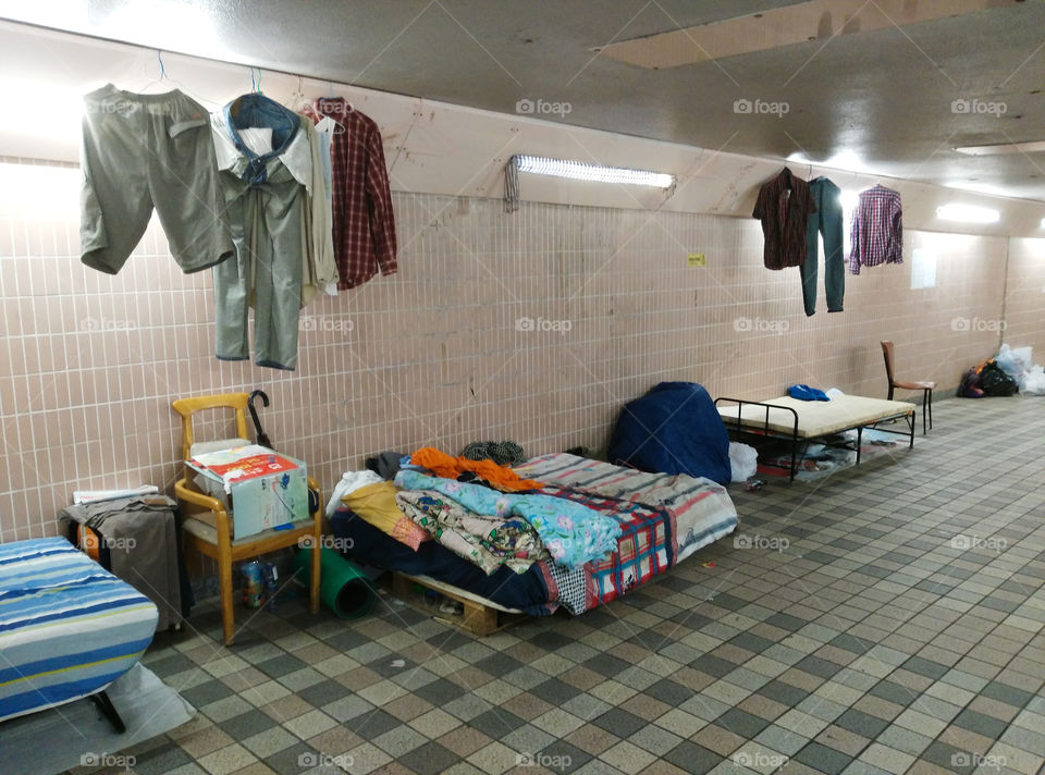 A habitat of homeless people in the subway near Happy Valley Racecourse, Hong Kong