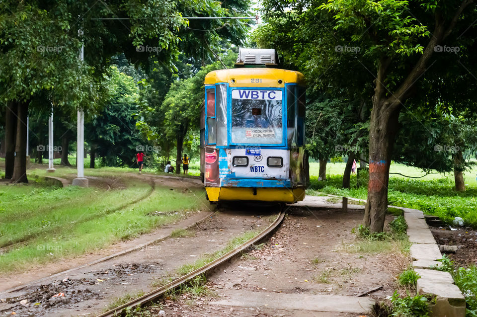KOLKATA, INDIA - 15 January 2019: Historic and heritage tram of Calcutta running on the track in "Maidan" near park street area near a tramway depot at Esplanade, Kolkata on a sunny winter morning.