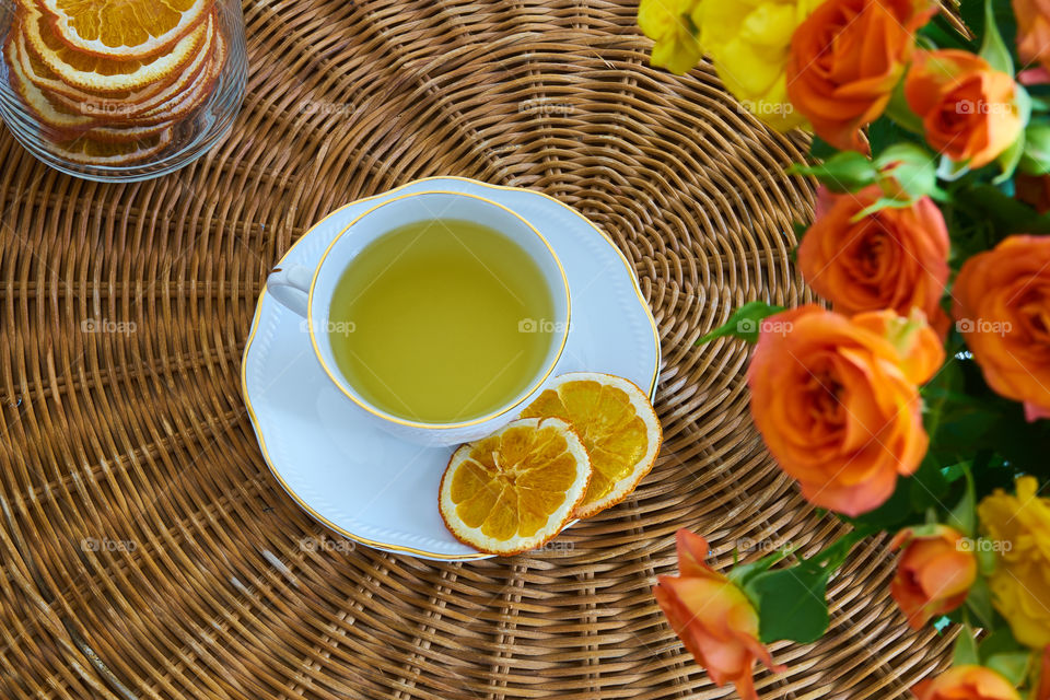 High angle view of lemon tea in cup