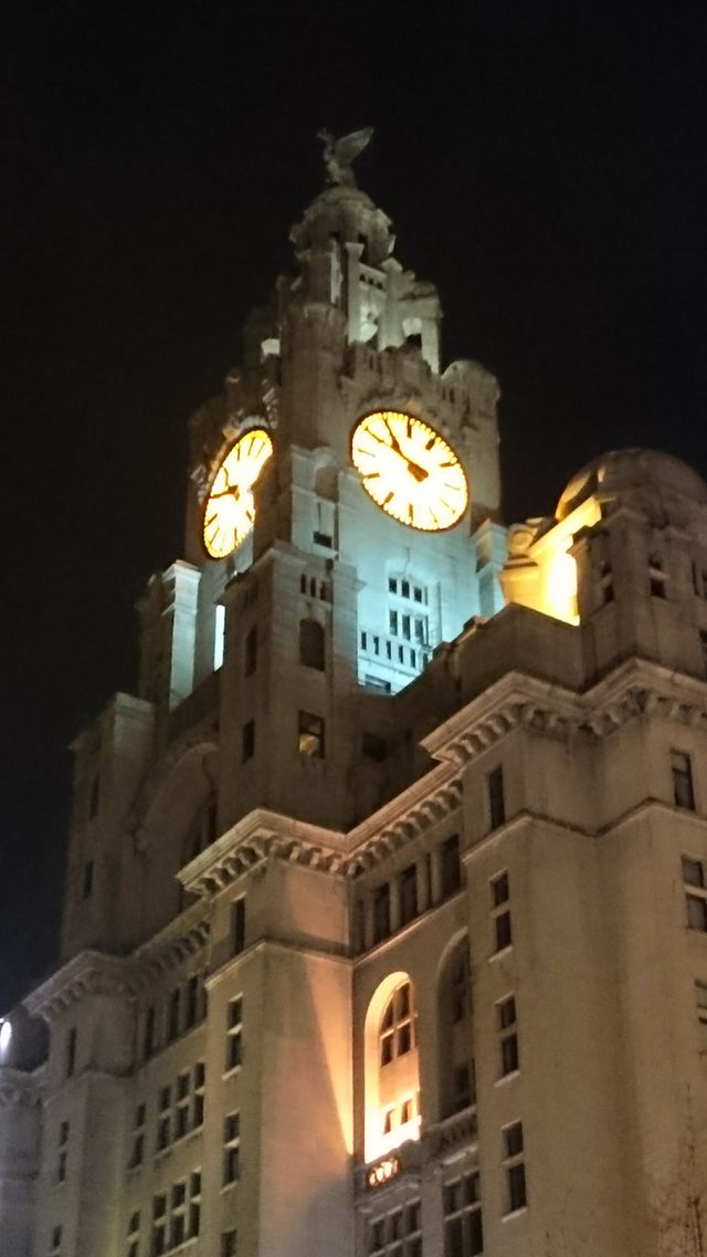 Liverbirds at night. The Liver birds are said to protect the famous city of Liverpool by looking over it 