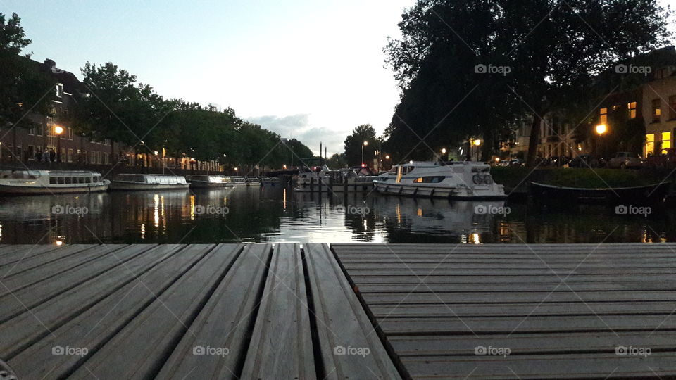 canals and boats in city of Utrecht, Netherlands