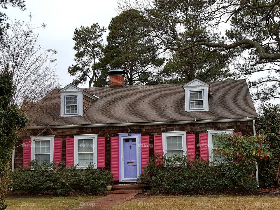 Brown House Pink Shutters and Purple Door