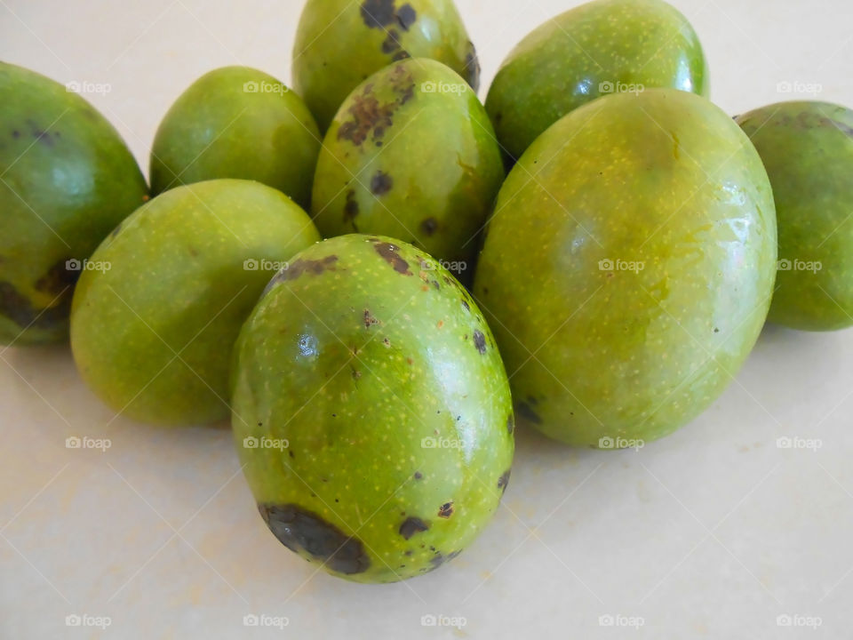 Ripe Green Skin Mangoes Closeup