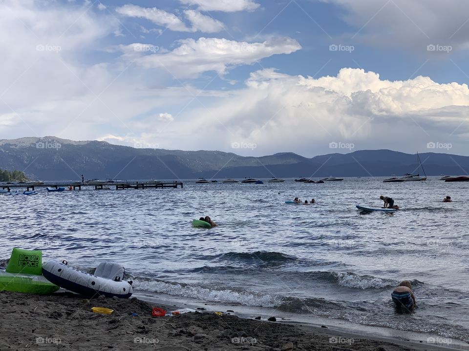 Enjoying a fun beach day at Lake Tahoe. 