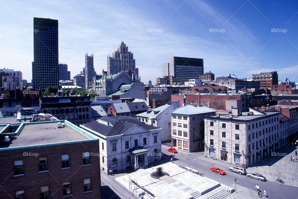 Elevated view of Old Montreal - Montreal, Quebec, Canada. 